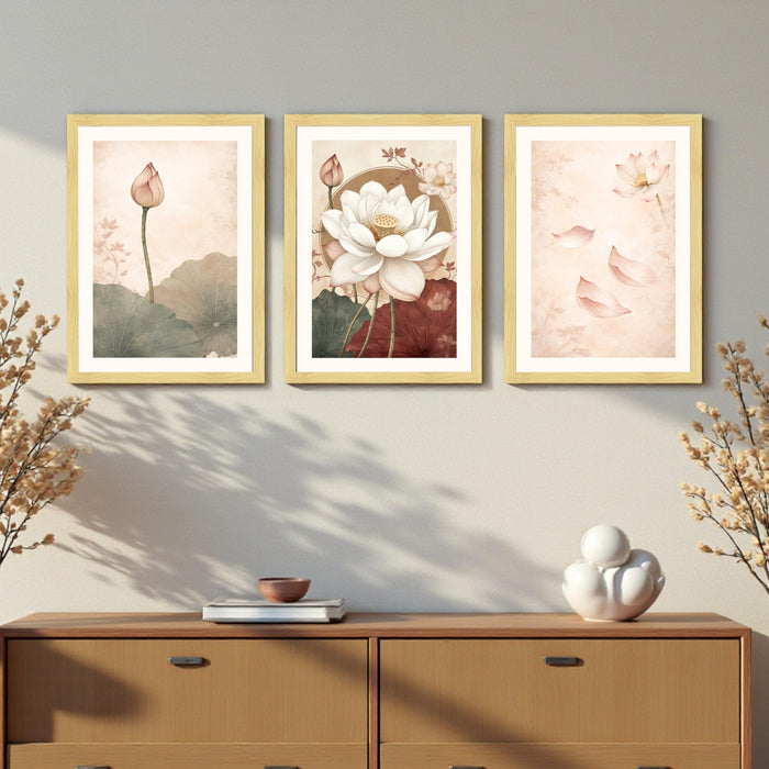 Modern Abstract Blooming Lotus A3 Framed Poster for Living Room With Frame, Abstract Floral Framed Vastu Posters for Home Decor Bedroom Hallways Office Hotel Set of 3, Size 33x45 cm