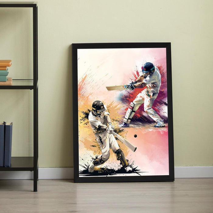 Art Street Cricket Player Batting Sports Framed Wall Hanging Poster For Home Decor, Living Room, Hotel and Office Decoration (12.7x17.5 Inch)