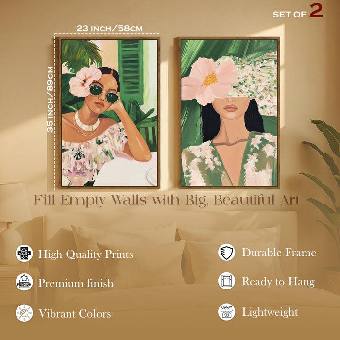 Boho Women Portrait Green and Pink Canvas Painting Bohemian Large Wall Art Painting for Living Room Decoration, Stylish Large Wall Art Print for Wall Decor (Set of 2, 58x89 cm)