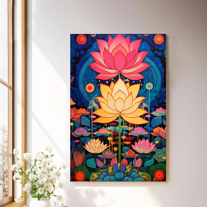 Abstract Multicolor Aesthetic Lotus Painting with Frame, Framed Canvas Paintings Stretched Canvas Wall Art  22x34 Inch