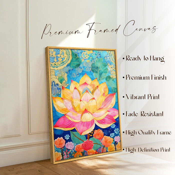 Modern Abstract Multicolor Lotus Flower Art Stretched Canvas Painting with Frame – Canvas Wall Art – 23x35 Inch Framed Canvas