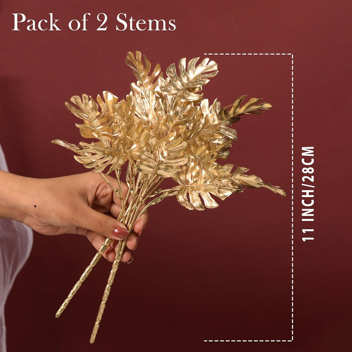 Golden Monstera Leaves Stem, Fake Faux Shrubs PVC, UV Resistant for Home Décor 28 cm