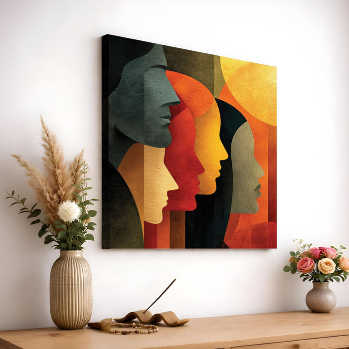 Boho Cubist Faces Stretched Canvas Painting For Living Room | Abstract Portrait Wall Art Large Canvas Painting For Livingroom Home Decor, Bedroom, Hallway's, Office, Hotel - 86x86 cm