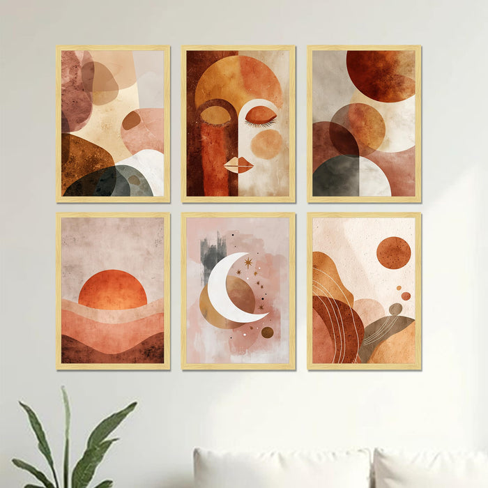 Botanical Abstract Framed Painting Wall Art Set of 6 |Modern Geometric Face, Sun & Moon Prints| Soft Neutral Tones | Engineered wood Frame Wall Décor, (Size: A3)