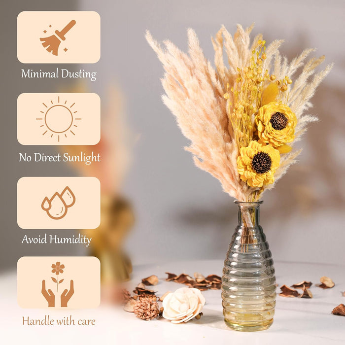 Dried Pampas Grass and Yellow Artificial Sunflower Bouquet Boho Dried Flower Arrangement, Natural Dry Floral Bouquet 30 cm