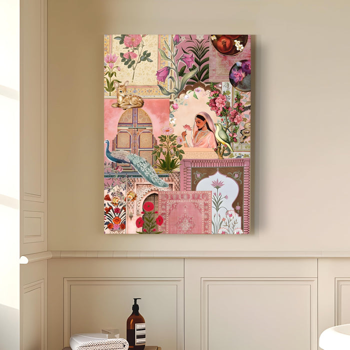 Mughal Garden Women and Peacock Floral Pattern Canvas Wall painting | Travel pop art Canvas Wall Painting For Home and Office Wall Décor (41x56 cm)
