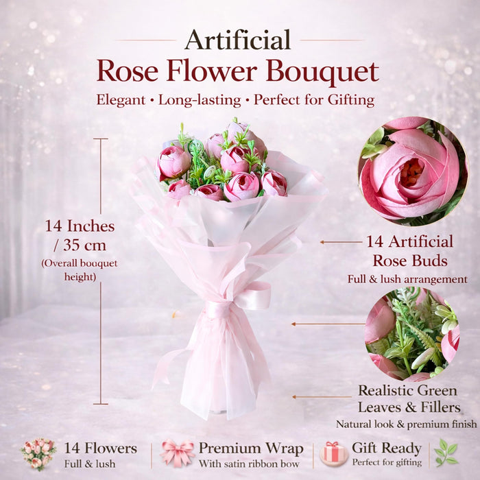 Art Street Artificial Rose Bouquet, Pink Flower Arrangement, Handmade Fabric Flowers for Valentine's Day Gift, Birthday, Anniversary, Romantic Gift for Women, Men, Home Decor, Couple, 35 cm
