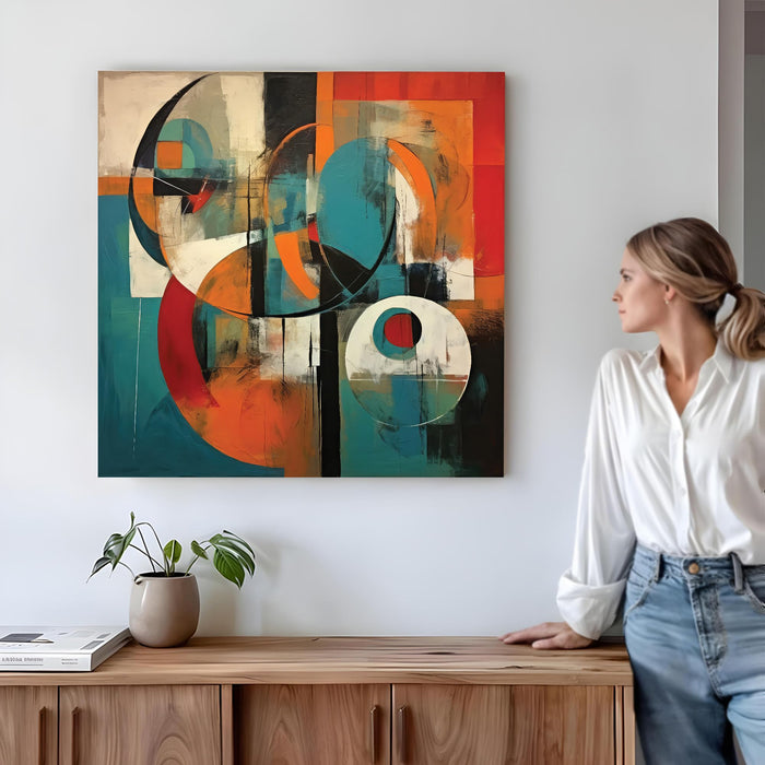 Modern Abstract Geometric Stretched Canvas Wall Art Painting for Living Room, Teal & Black Circles & Shapes Painting, Contemporary Decor for Living Room, Office & Home Decoration (56xx56 cm)