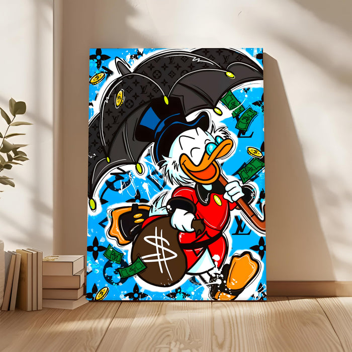 Luxury Cartoon Duck Pop Art Stretched Canvas Painting Print | Money & Success Theme Street Art Wall Décor | Modern Graffiti Style Artwork for Home & Office, 56x86 cm