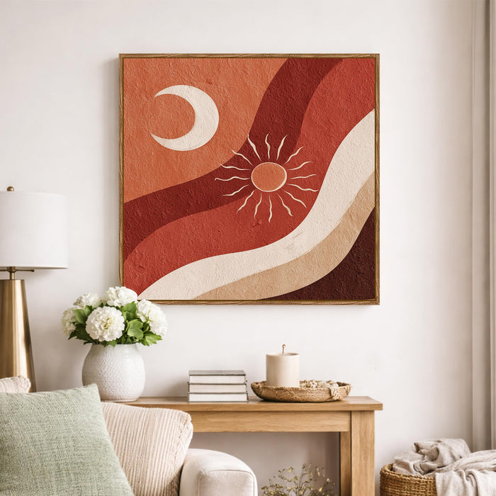 Boho Sun Moon Framed Painting For Living Room | Abstract Desert Large Canvas Painting With Frame Wall Art For Bedroom, Hallway's, Office, Hotel, Size 58x58 cm