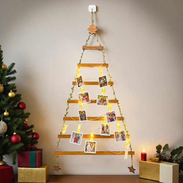 Wall Hanging Christmas Tree Photo Holder with 12 Warm LED Clip Lights Wooden Photo Hanger 46x94 cm