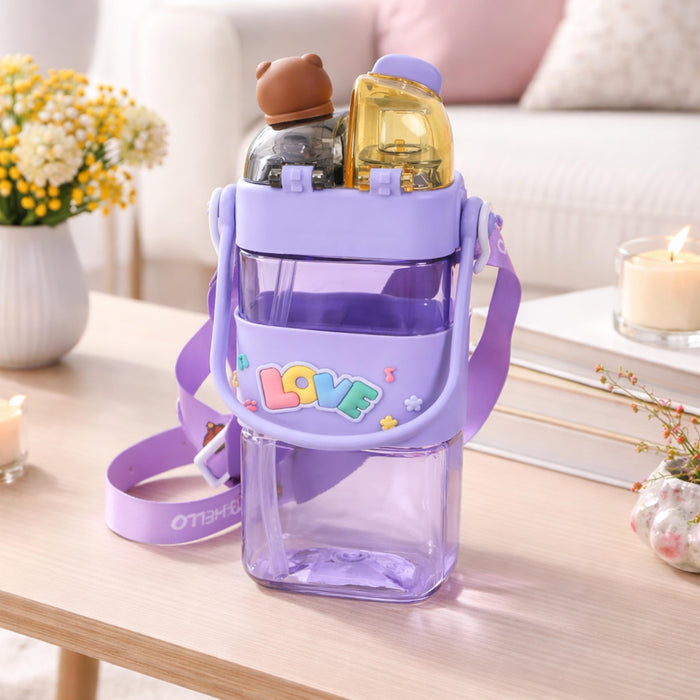 Art Street Cute Bear Kids Water Bottle with Straw & Strap - 580ml Leakproof BPA-Free Plastic Sipper—Cute Portable Dual-Drink Cartoon Tumbler for School, Girls & Boys (Purple, 17x7 cm)