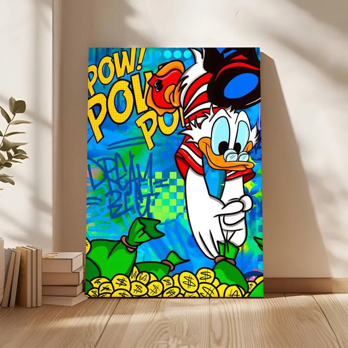 Pop Art Cartoon Duck Money Wall Painting | Comic Graffiti Style Stretched Canvas Art Print| Modern Street Wall Art for Home & Office, 56x86 cm