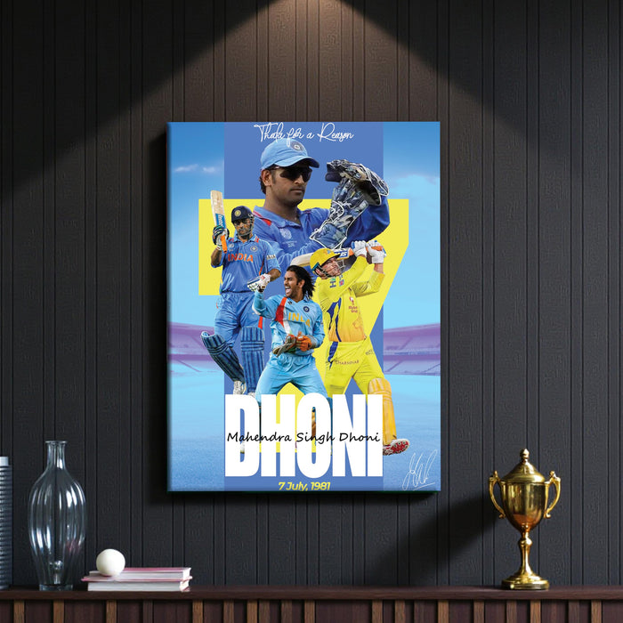 MS Dhoni Chennai Super Kings Cricket Fan Stretch Canvas Painting Poster Wall Art Decor, The Legend Thala 7, Ideal Gift for IPL & Indian Cricket Team, Bedroom, Office & Home Decoration, 16 x 22 Inch