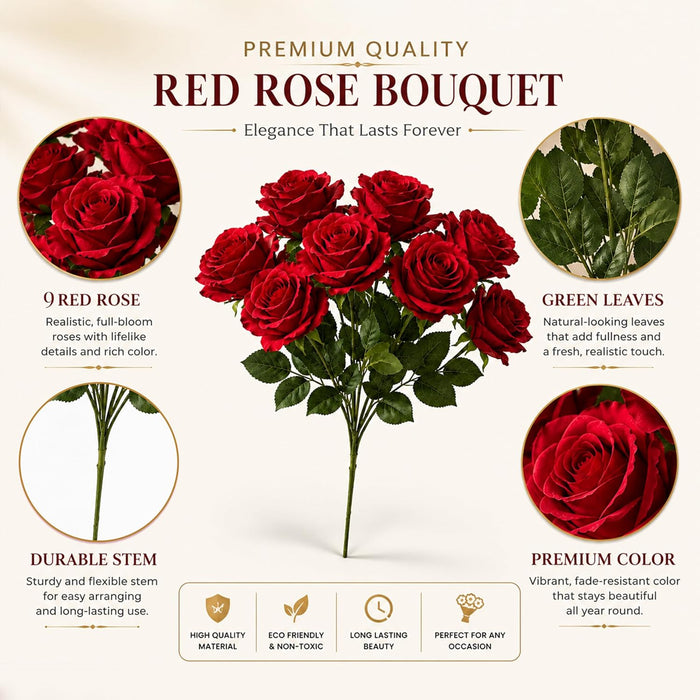 Artificial Red Rose Flower Bunch for Home Decoration | Realistic Silk Rose Bouquet with Green Leaves |