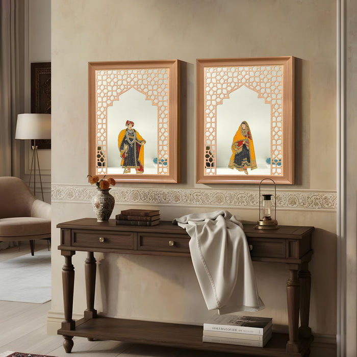 Art Street Pack of 2 Framed King and Queen Pichwai Art Jharokha Mirror Wall Decor Vastu Compliant Wall Hanging Mirror MDF Cutout Indian Traditional Ethnic for Living Room Bedroom 35x45 cm