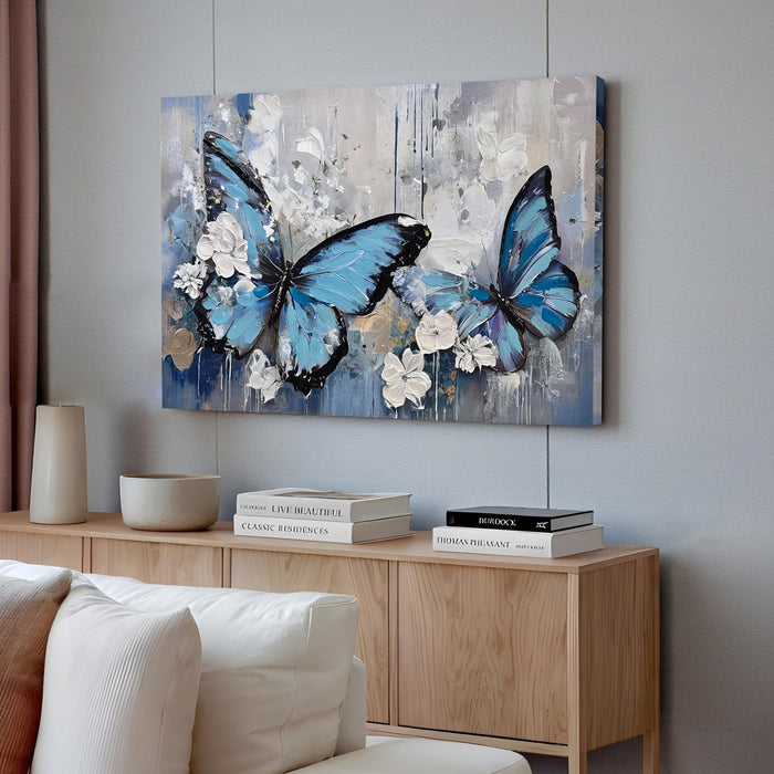 Abstract Butterfly Wall Art Blue Butterfly Stretched Canvas Painting for Living Room Abstract 3D Textured Paintings for Bedroom Office Wall Décor Hand Painted Canvas Art 61x91 cm