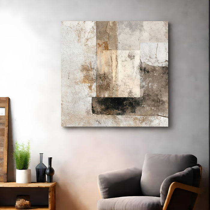 Modern Abstract Stretched Canvas Wall Art Painting For Living, Minimalist Neutral Earth Tone Painting, Geometric Artwork for Living Room, Office & Home Decor (56xx56 cm)