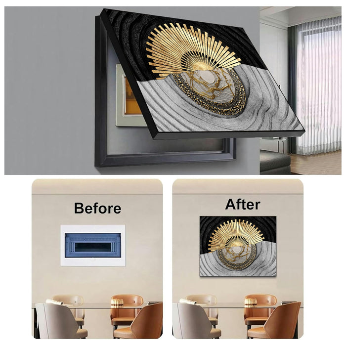 Electric MCB Box Cover Frame With Hydraulic Decorative Painting Gold Textured Sun Painting Electrical Panel box Cover, Switch Box Frame Will Fit Max 10x14 inch Switch Board, Outer Size 13X17 Inch