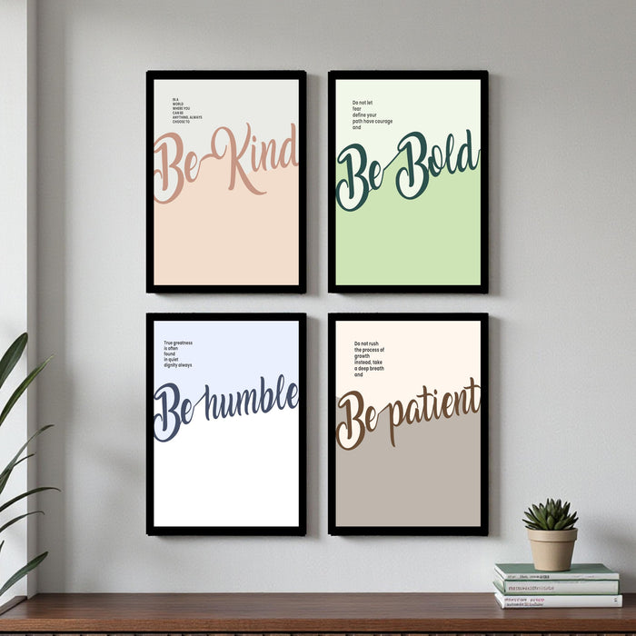 Be Kind Be Bold Be Humble Be Patient Framed Wall Art Set of 4 | Motivational Quote Prints for Home, Office & Study Room Décor, 23x32 cm