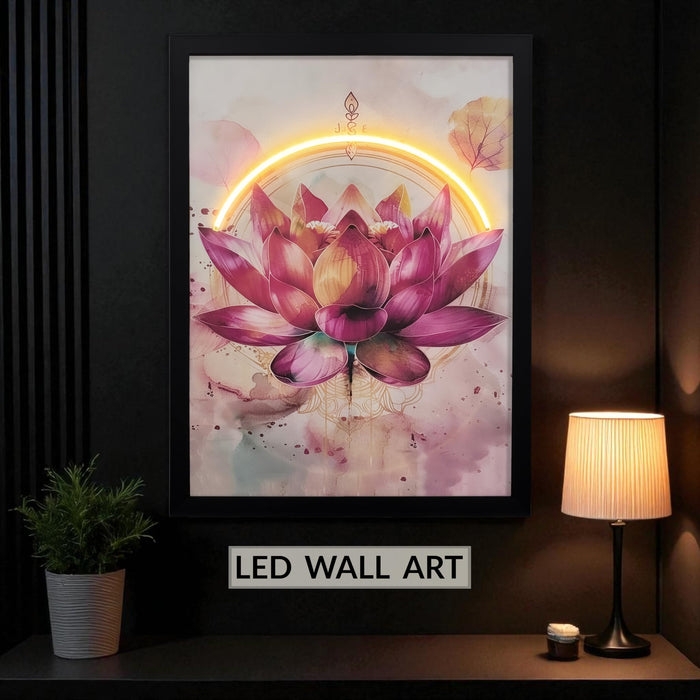 LED Lotus Flower Wall Art Print with Wooden Frame, Feng Shui Vastu Wall Decor, Lotus Painting with LED Light - 43x58 cm