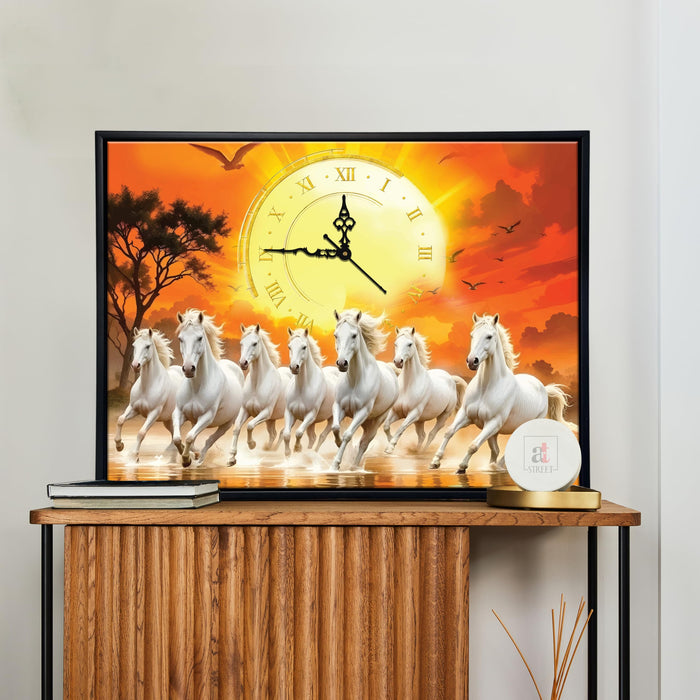 Landscape Abstract Vastu 7 White Running Horses Feng Shui Multicolor Framed Canvas wall art With Clock | Painting with clock | For Vastu Friendly Place, Living room, Bedroom 43x58 cm