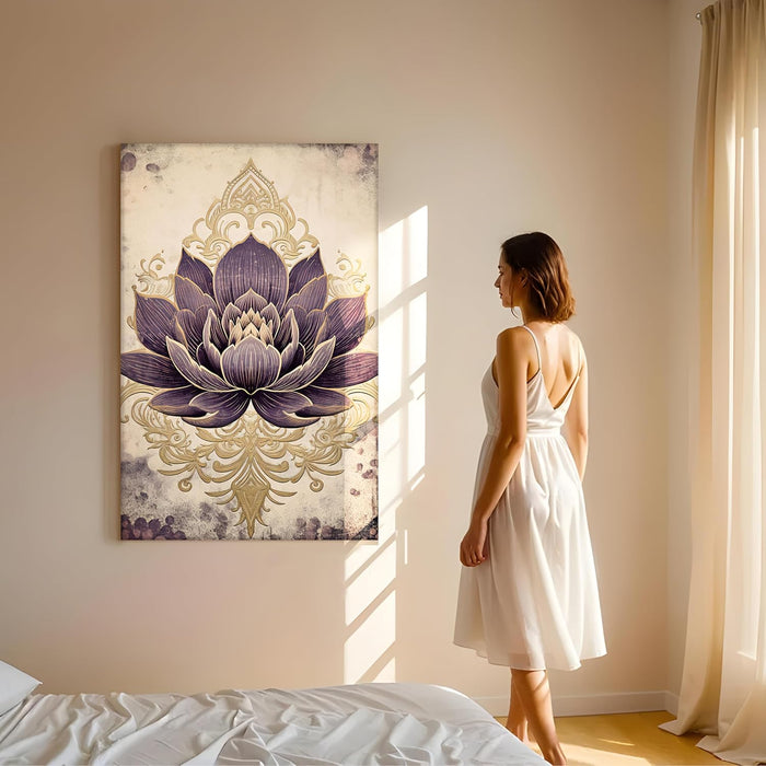 Abstract Stretched Canvas Multicolor Wall Art Painting Purple Lotus Indian Folk Digital Painting  ‰ÛÒ 22x34 Inch