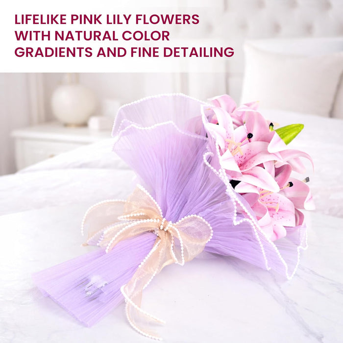 Art Street Artificial Pink Lily Flower Bouquet with Decorative Wrapping