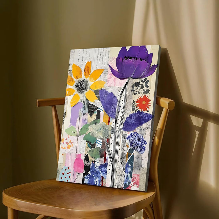 Abstract Collage Floral Art Newspaper Pattern in Multicolor | Digital Painting On Canvas Stretched on Wood (16x22 Inch)