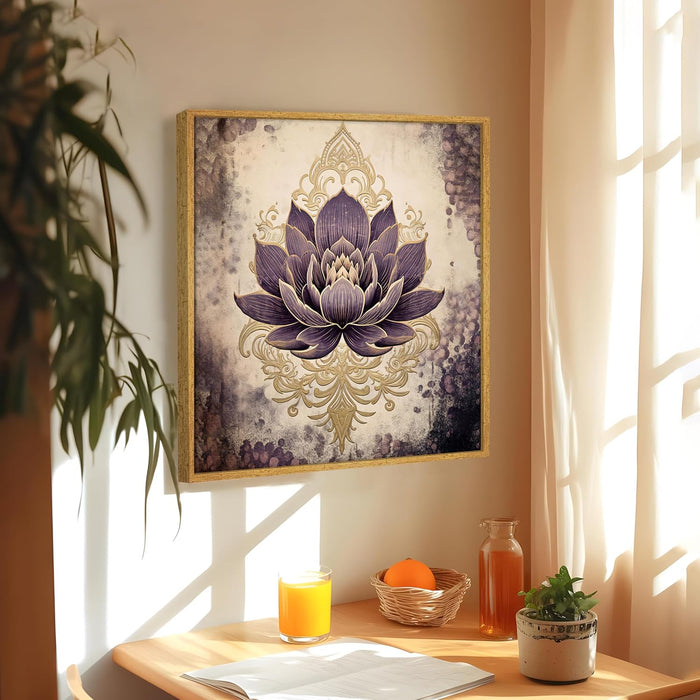 Multicolor Abstract Canvas Purple Lotus Indian Folk Wall Art Painting – Beige Purple Gold Gallery Wrap Canvas Wall Décor.