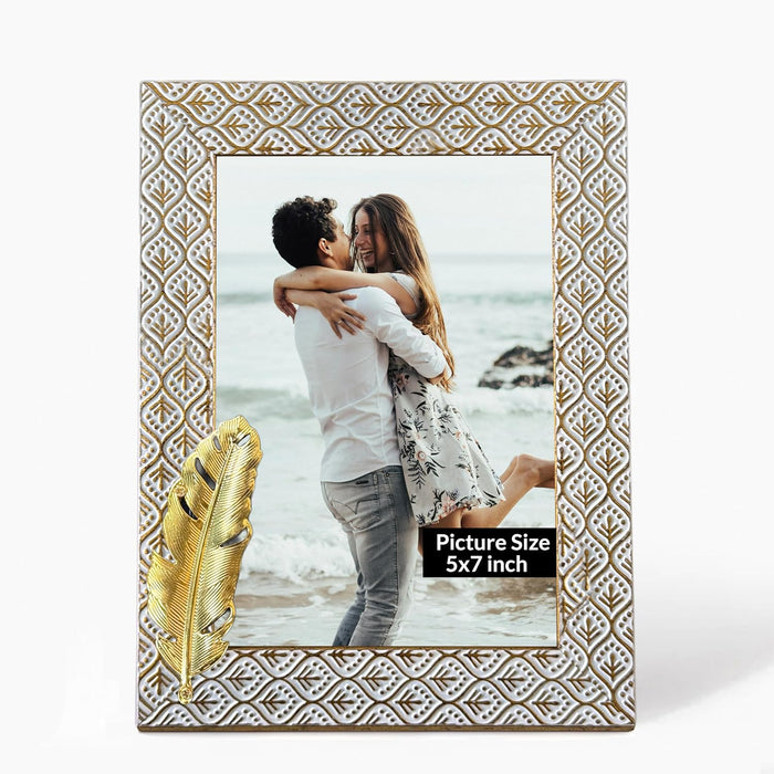 Photo Frame with Golden Metalic Leaf, White (5x7 Inch), Wooden Tabletop Photoframe.