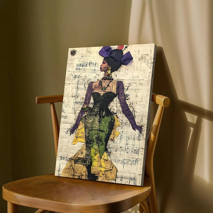 Abstract Painting of African Girl with Music Notes Theme in Multicolor | Digital Painting On Canvas Stretched on Wood (16x22 Inch)