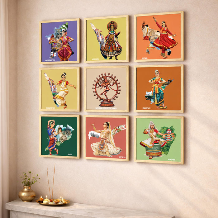 Indian Classical Dance forms Wall Art Paintings with Frame For Living Room | Traditional Indian Dance Culture Framed Wall Art Paintings for Home, Set of 9, (9x9 Inch)