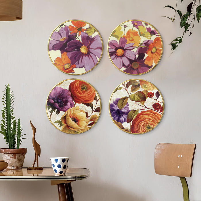 Purple Orange Flowers Round Wall Art Painting for Living Room Decoration, Circular Gold Metal Finish Stylish Large Wall Art Print (12x12 Inches)