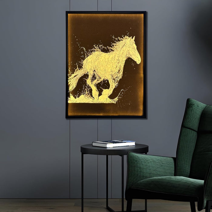 Framed Canvas Art Print with LED, Decorative Wall Decor Canvas Painting Monochromatic Running Horse from Water 43x58 cm