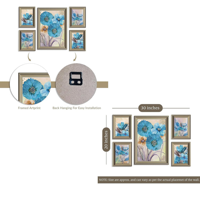 Art Street Blue Lily Floral Framed Art Print For Living Room, Decorative Home & Wall Decor - Set Of 5 (Silver, 4 Pcs-5x7 Inch, & 12x16 Inch)