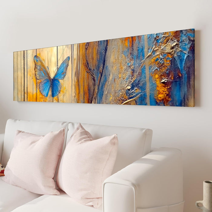 Large Stretched Canvas Painting, Panel Wall Art Print Abstract Blue Butterfly Luxury Paintings for Home Decoration (Blue, 12x46 Inch)