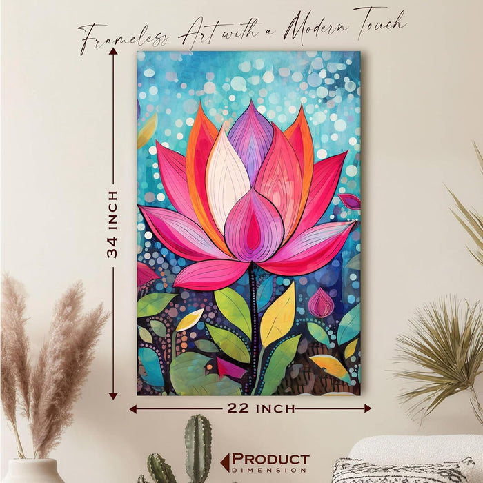 Abstract Multicolor Folk Art of Lotus Floral Stretched Canvas Painting with Frame – Wall Art – Framed Canvas Wall Décor (23x35 Inch)