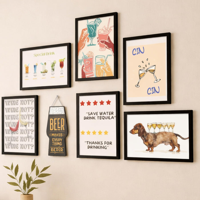 Bar Retro Theme Kitchen & Restaurant Framed Wall Art Painting Modern Bar Painting with Frame Wall Decor for Kitchen, Restaurant, Bar, Home, Set of 7 (1 MDF wall Hanging), 9x13 Inch