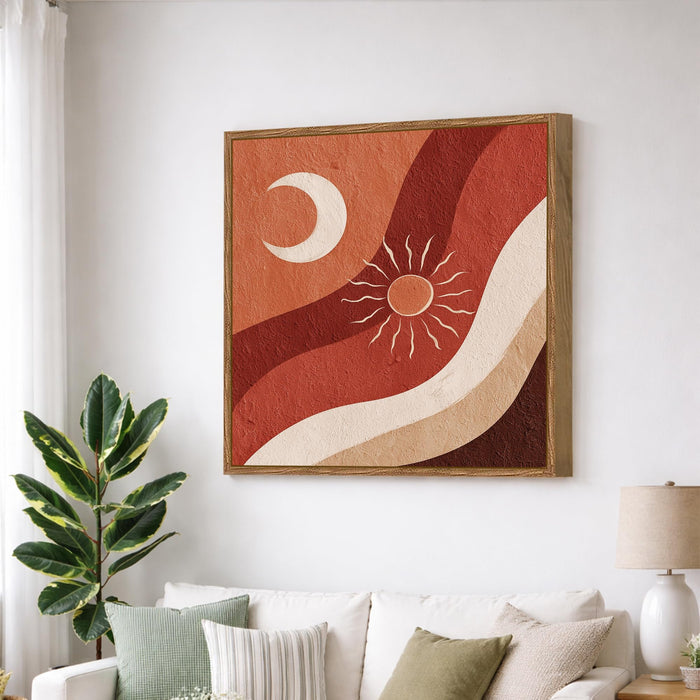 Boho Sun Moon Framed Painting For Living Room | Abstract Desert Large Canvas Painting With Frame Wall Art For Bedroom, Hallway's, Office, Hotel, Size 58x58 cm