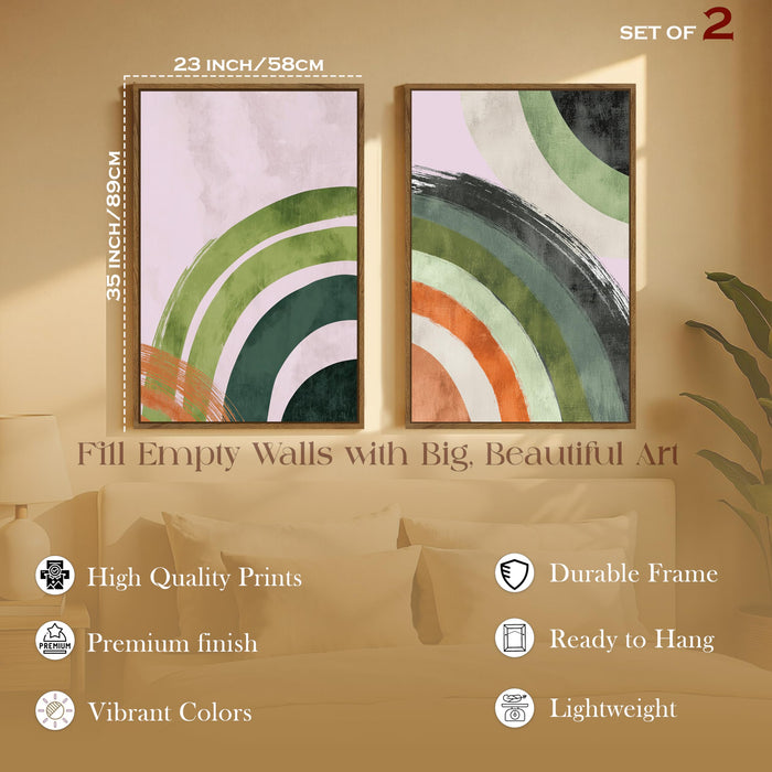 Boho Green and Red Abstract Pattern Canvas Painting Bohemian Large Wall Art Painting for Living Room Decoration, Stylish Large Wall Art Print for Wall Decor (Set of 2, 58x89 cm)