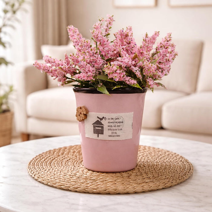 Ceramic Flower Pot with Artificial Pink Flowers | Decorative Tabletop Planter