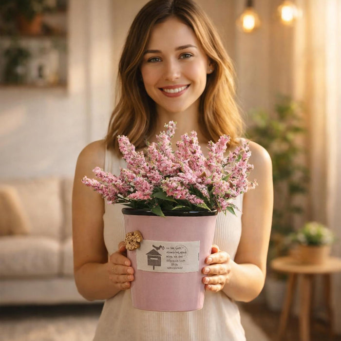 Ceramic Flower Pot with Artificial Pink Flowers | Decorative Tabletop Planter