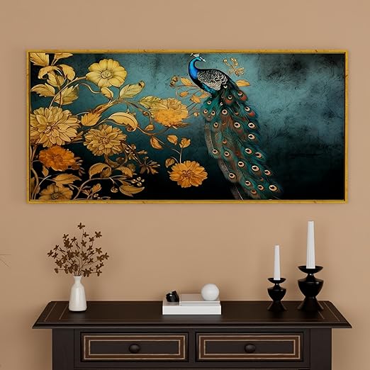 Art Street Abstract Beautiful Peacock Large Canvas Painting Panel for Home Décor (Gold, 23x47 Inch)