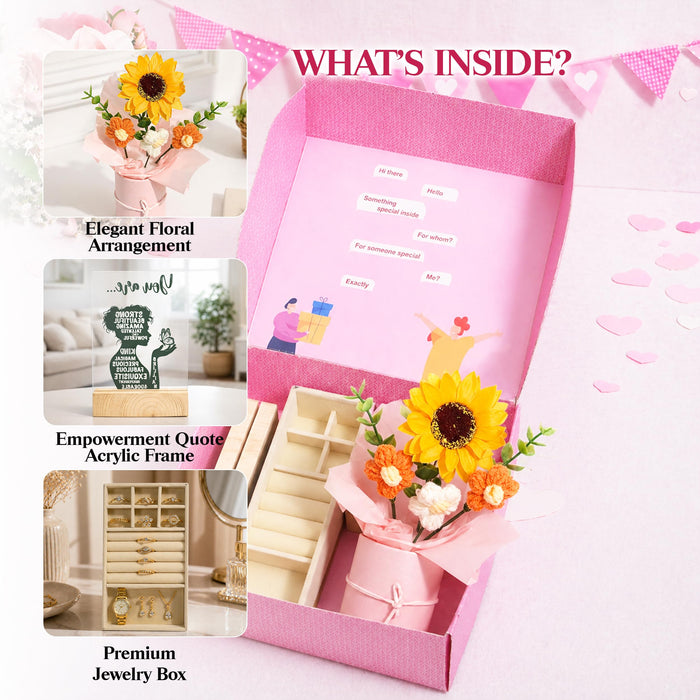Art Street Rakshabandhan Gift Hamper for Sister with Elegant Crochet Flower Bouquet in Pink Pot, Acrylic Frame with Quote & Velvet Lined Jewelry Box