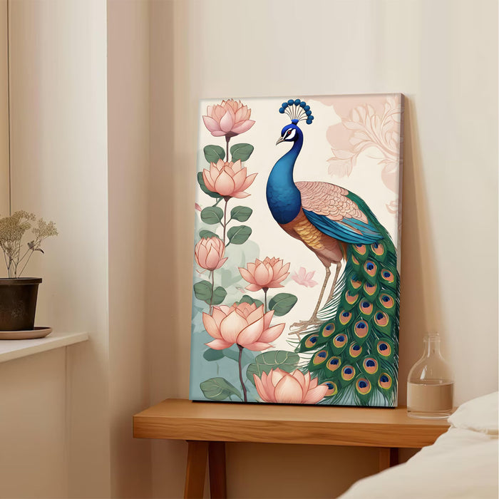 Portrait Stretched Canvas Elephant Peacock Lotus Beautiful Wall Art Print Décor Printed on Canvas Stretched on Wood 41x56 cm