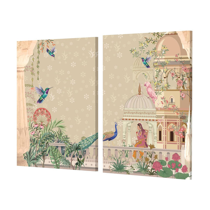 Art Street Set of 2 Stretched Canvas Painting Traditional Mughal Queen in Garden with Peacock for Home Decor, Living Room, Wall Hanging, (Size: 12x16 Inch)