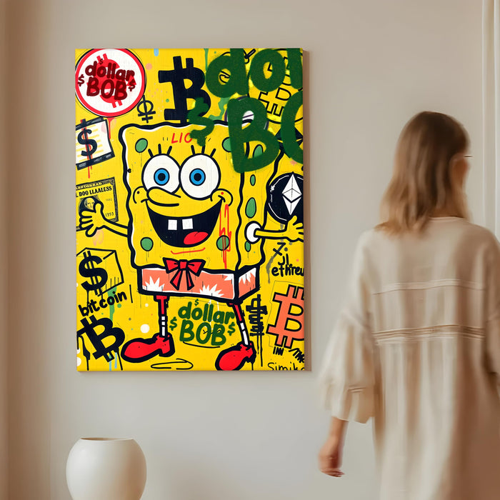 Cartoon Pop Art Stretched Canvas Painting Print| Money & Digital Currency Graffiti Wall Art | Modern Street Art for Home & Office, 56x86 cm