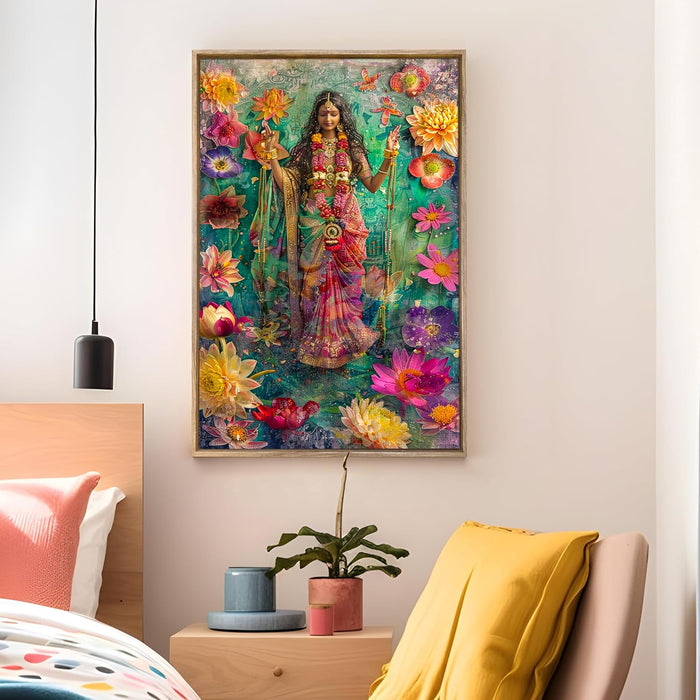 Large Canvas Painting Panel Framed Wall Art Print Indian Goddess Framed Luxury Paintings for Home Décor (Light Green, 23x35 Inch)