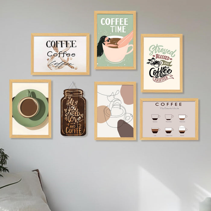 Coffee Retro Theme Kitchen & Cafe Framed Wall Art Painting Food Kitchen Quotes Painting With Frame Wall Decor for Home, Restaurant, Café, Set of 7 (1 MDF wall Hanging) 9x13 Inch